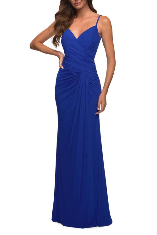La Femme Net Jersey Long Ruched Gown With Slit And Open Back In Royal Blue