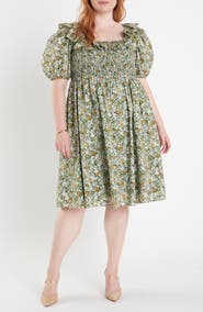 English Factory Smocked Puff Sleeve Floral Cotton Dress