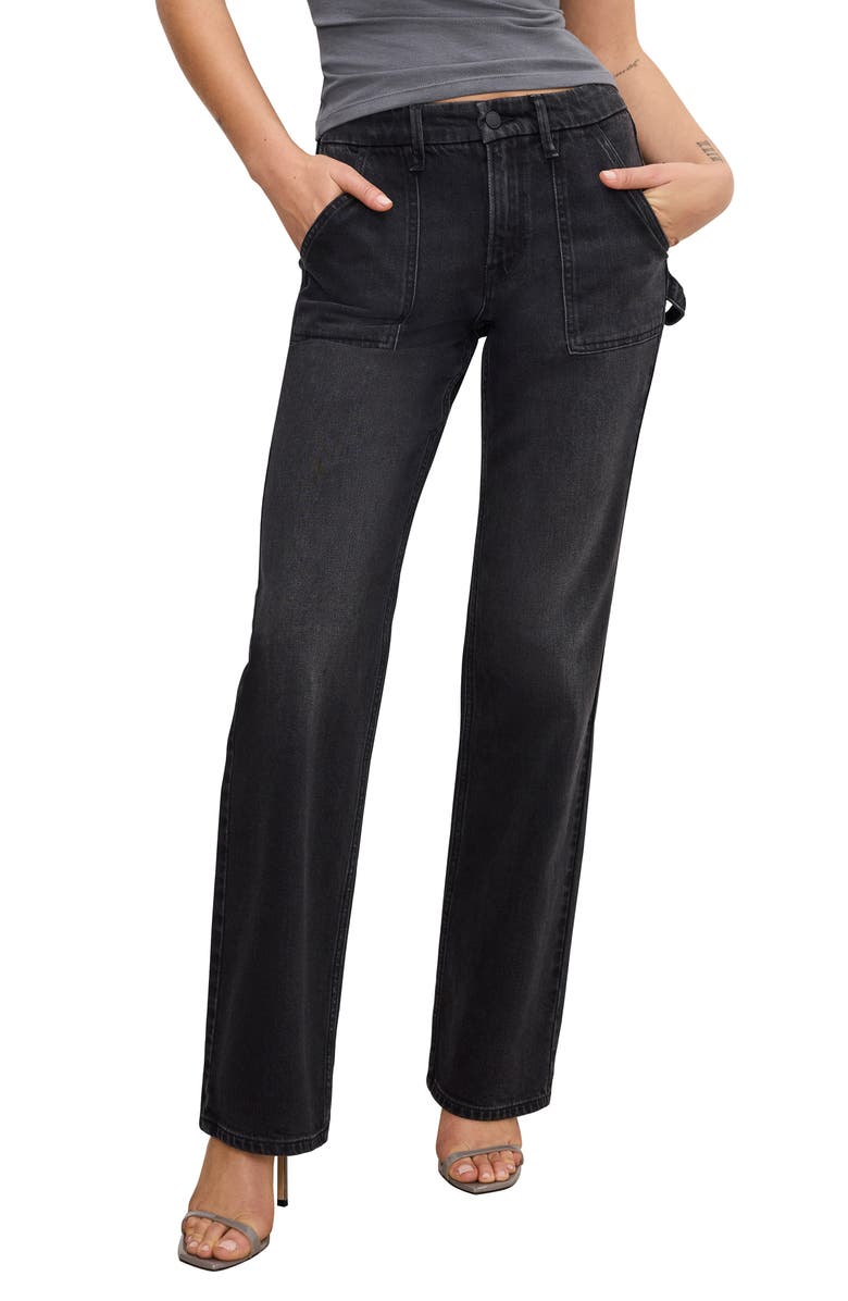 Good American Good Icon High Waist Straight Leg Carpenter Jeans, Main, color, Black354