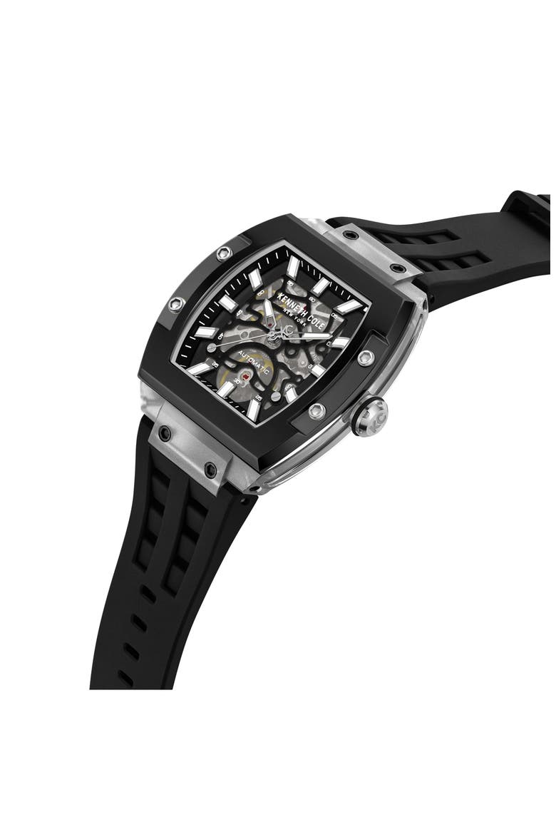 Skeleton Tonneau Automatic Silicone Strap Watch, 41.5mm x 53.5mm, Alternate, color, BLACK