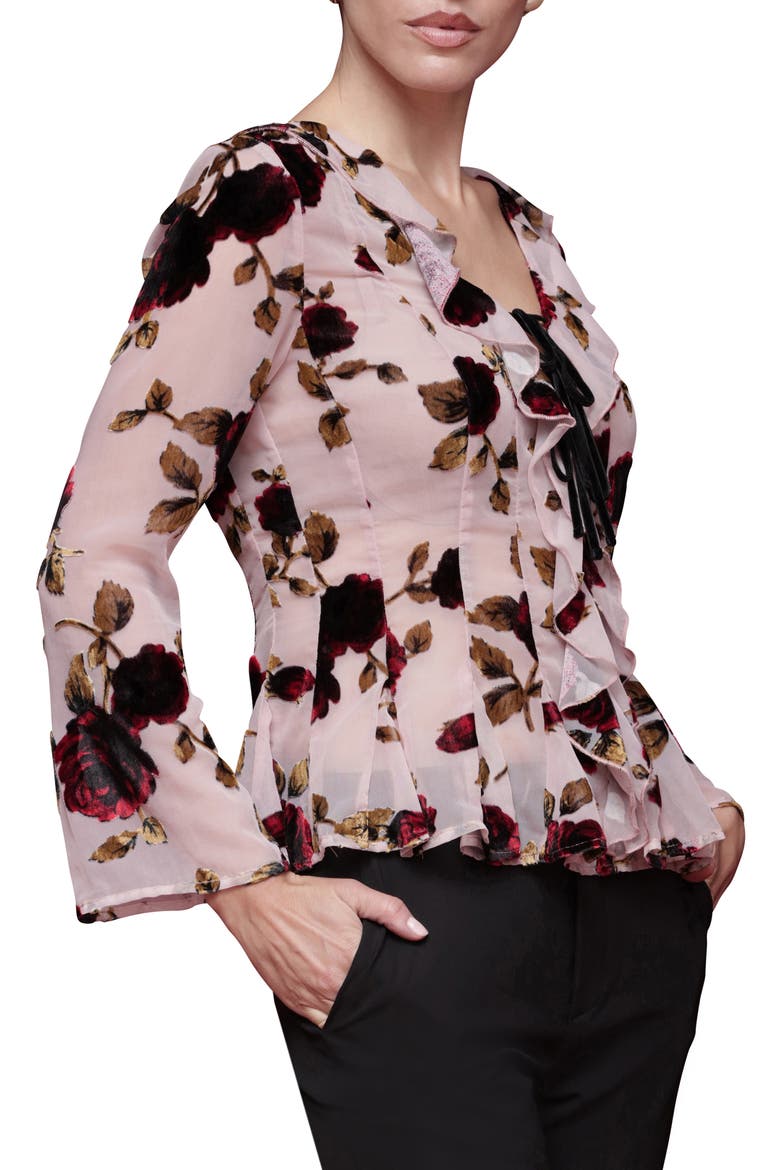 Ruffle Trim Floral Print Shirt, Alternate, color, ROSE BURNOUT