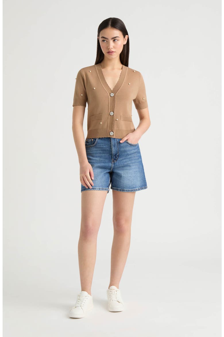 Faux Pearl Embellished Sweater Cardigan, Alternate, color, CAMEL