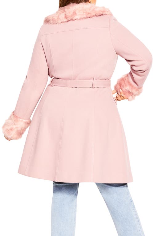 City Chic Blushing Belle Twill Coat With Faux Fur Collar In Pink