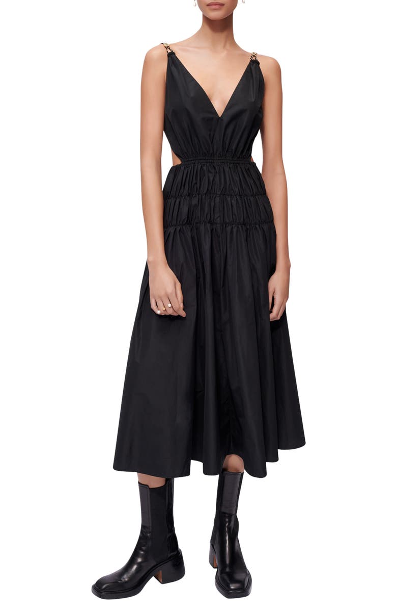 maje Rope Strap Shirred Cutout Dress, Main, color, Black