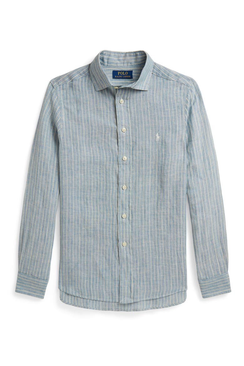 Kids' Stripe Linen Button-Up Shirt, Main, color, BLUE CREAM