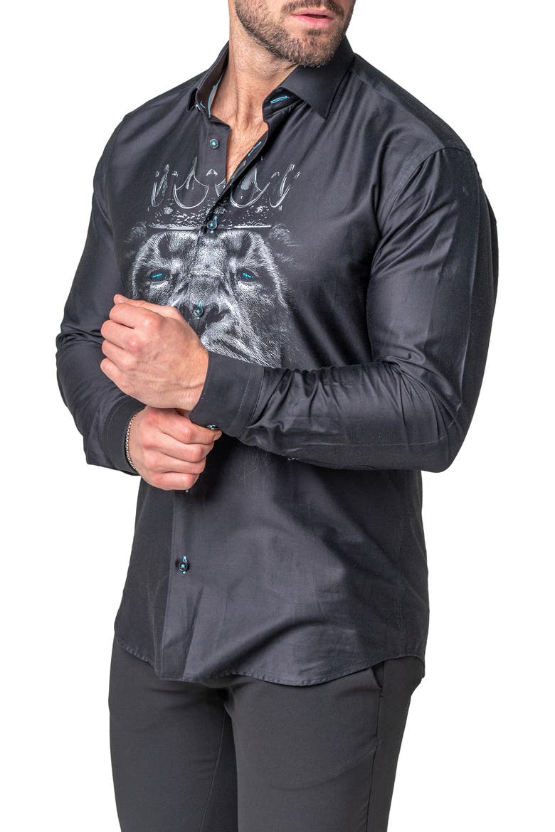 Fibonacci Lion Crown Regular Fit Cotton Blend Button-Up Shirt, Alternate, color, BLACK