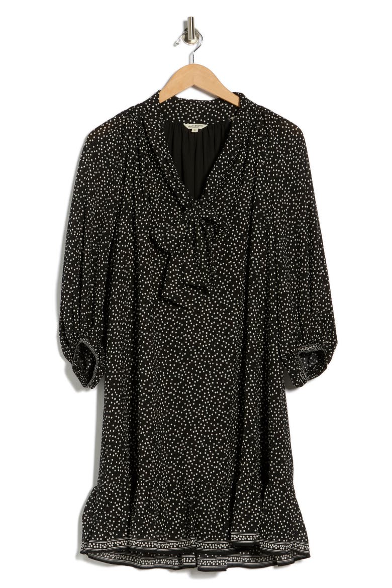 Tie Neck Balloon Sleeve Trapeze Dress, Alternate, color, BLACK/ IVORY RANDOM DOT