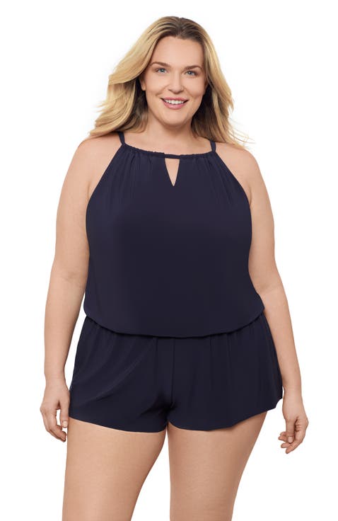 Plus Size Keyhole Blouson Slimming Swimsuit Romper with Pockets