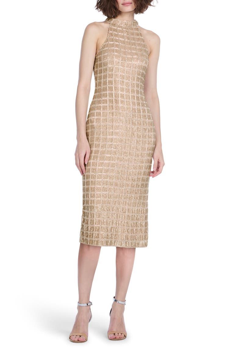 Windowpane Sequin Midi Dress, Main, color, GOLD