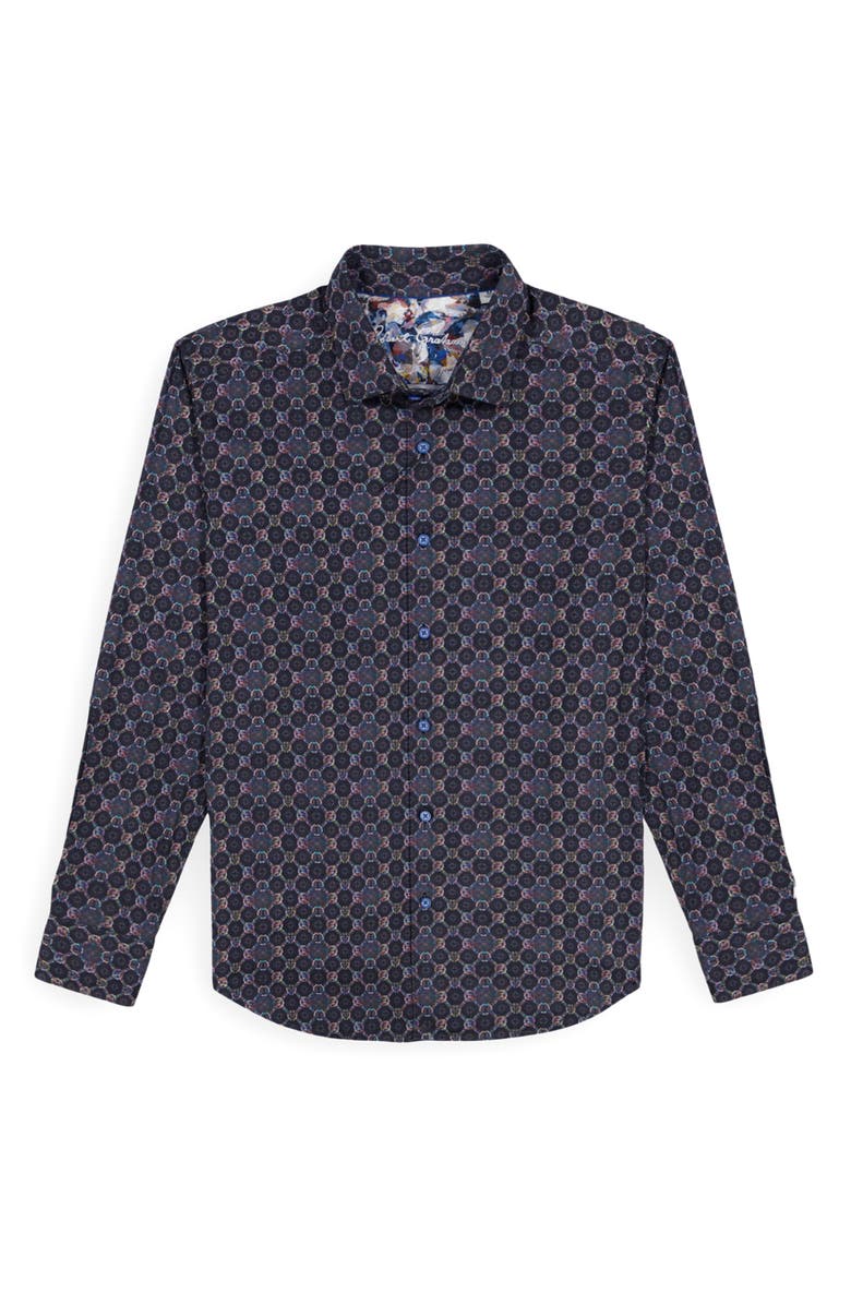 Robert Graham Bramston Mosaic Print Stretch Cotton Button-Up Shirt, Alternate, color, Black