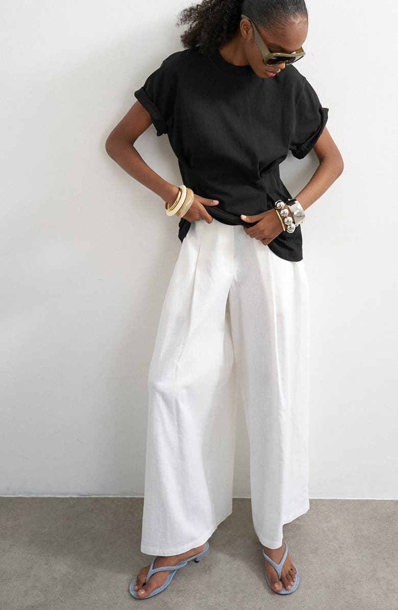 Topshop Linen Blend Wide Leg Pants, Alternate, color, White