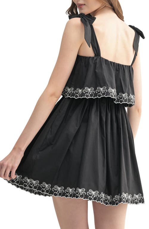 Lush Cherry Embroidered Popover Minidress In Black