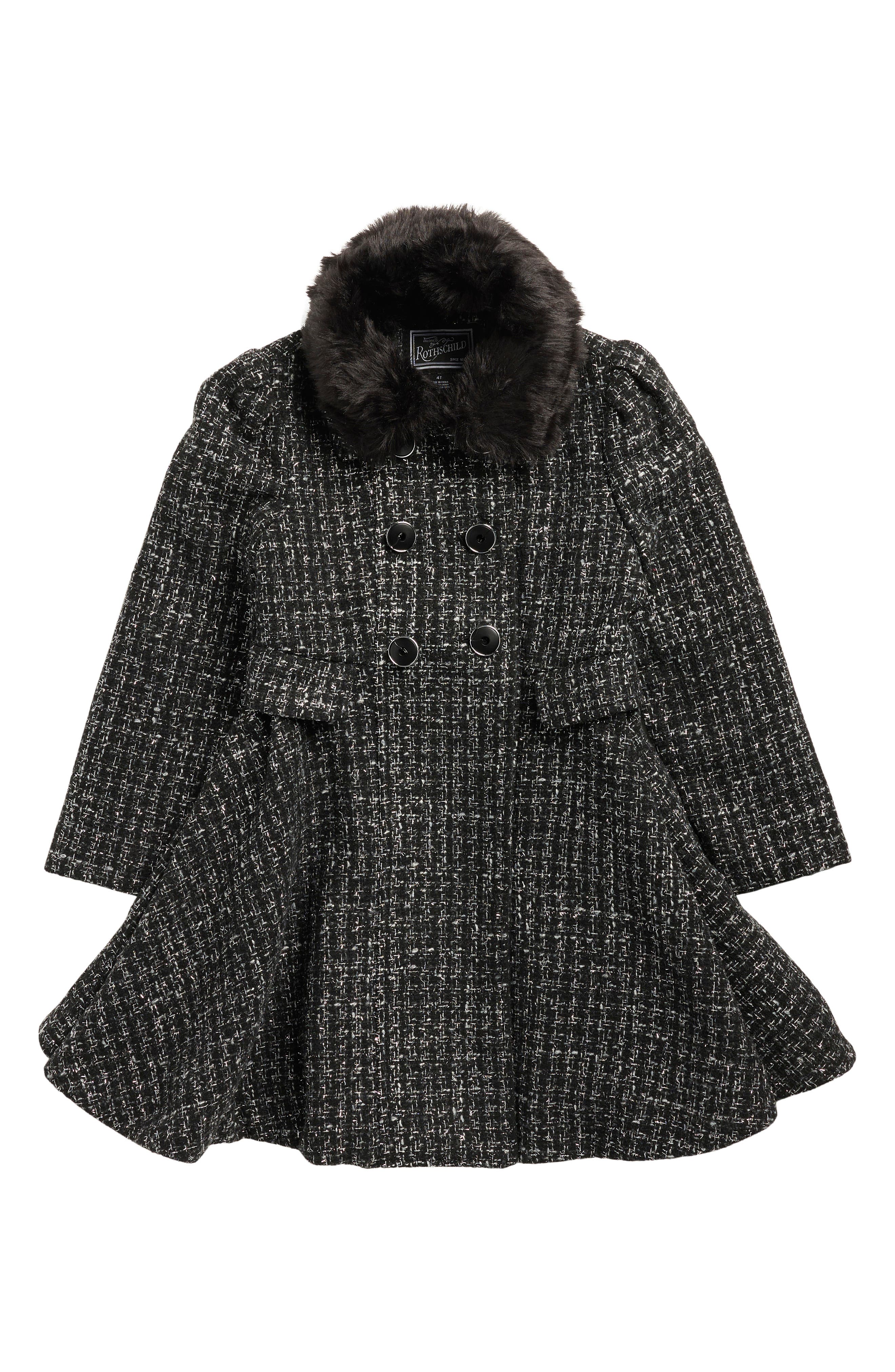 Rothschild Kids' Princess Faux Fur Collar Double Breasted Tweed Coat