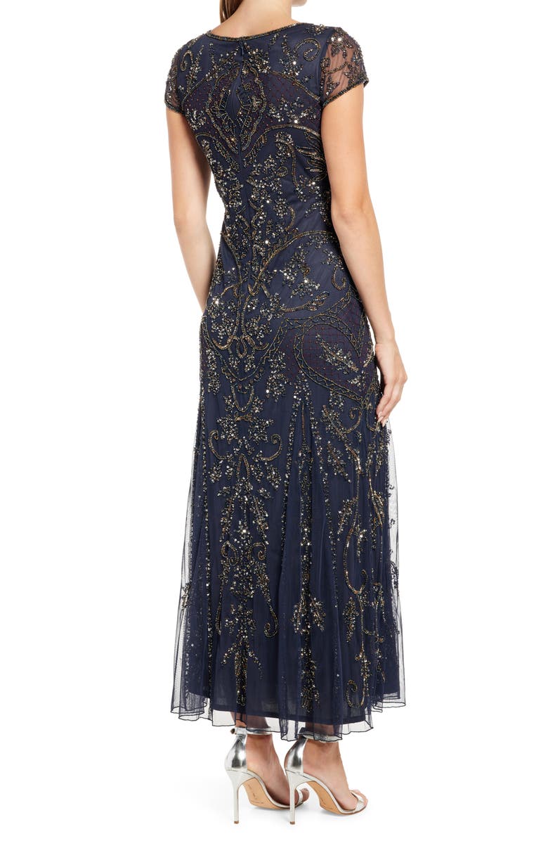 Pisarro Nights Beaded Mesh Midi Cocktail Dress, Alternate, color, New Slate