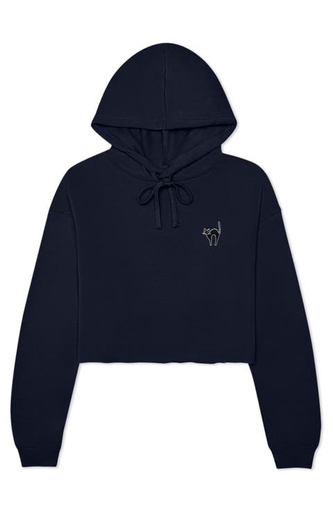 Black Cat Cropped Fleece Hoodie