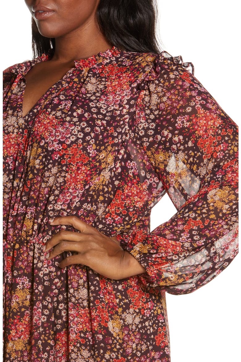 Tiered Long Sleeve Tie Waist Dress, Alternate, color, BROWN MULTI