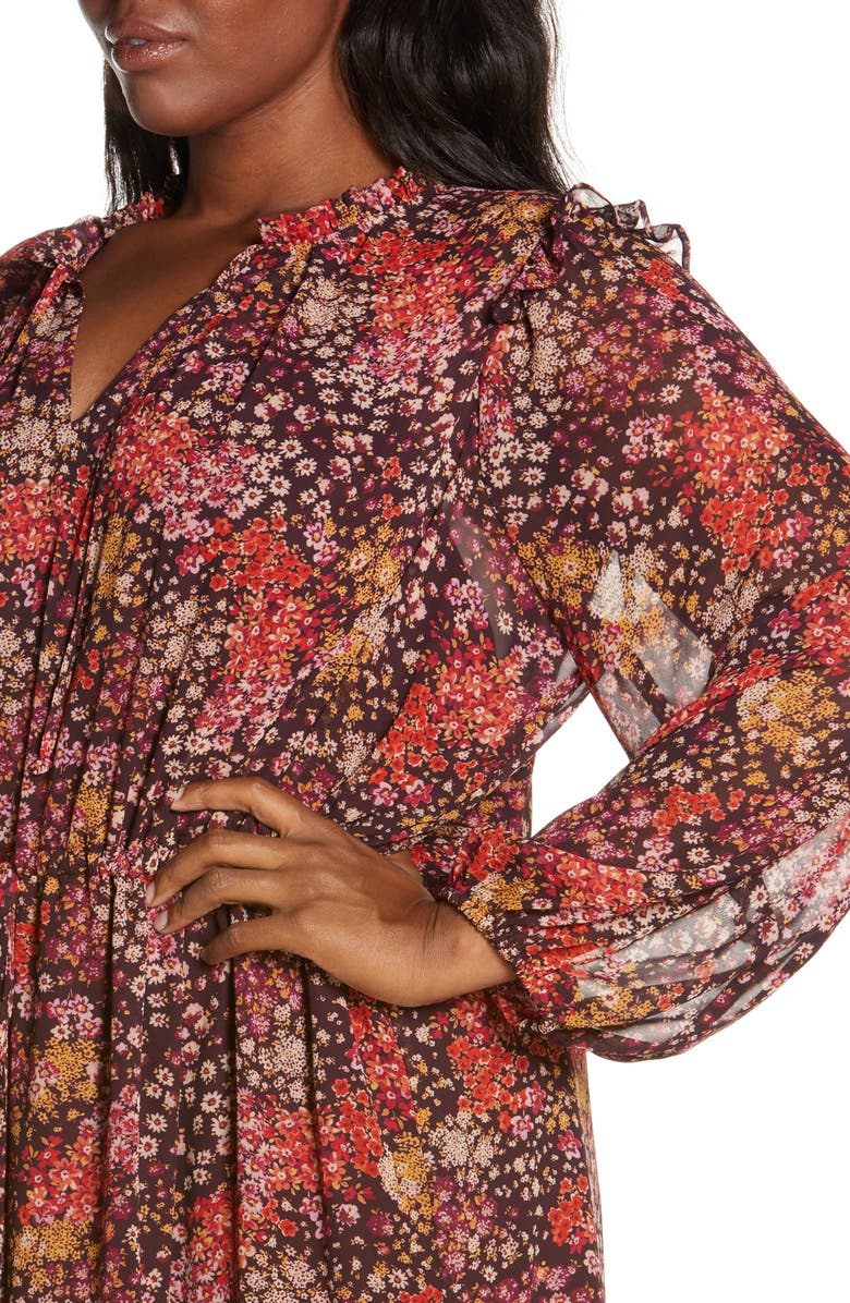 Julia Jordan Tiered Long Sleeve Tie Waist Dress, Alternate, color, Brown Multi