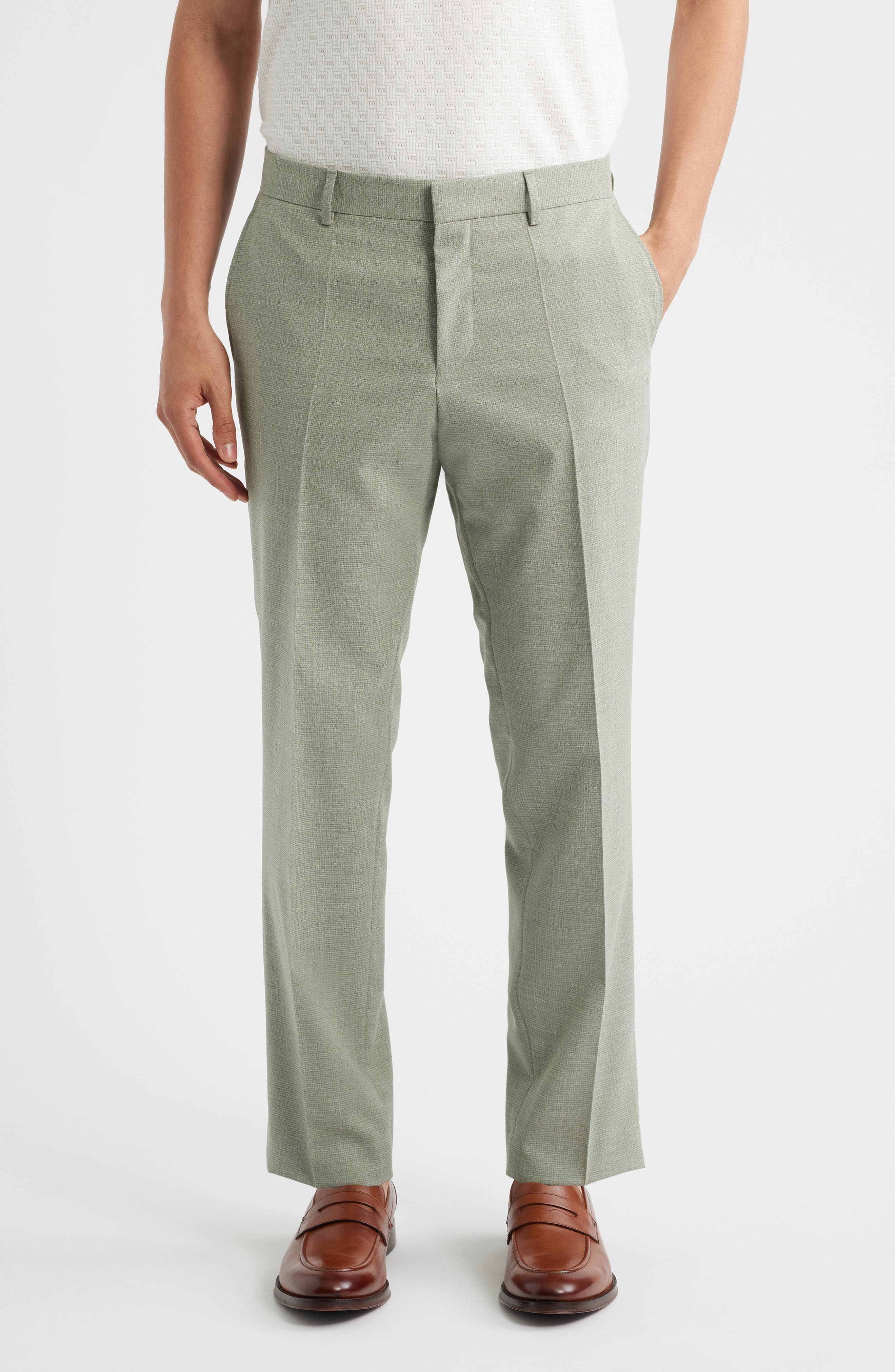 BOSS Genius Slim Fit Microcheck Flat Front Stretch Dress Pants