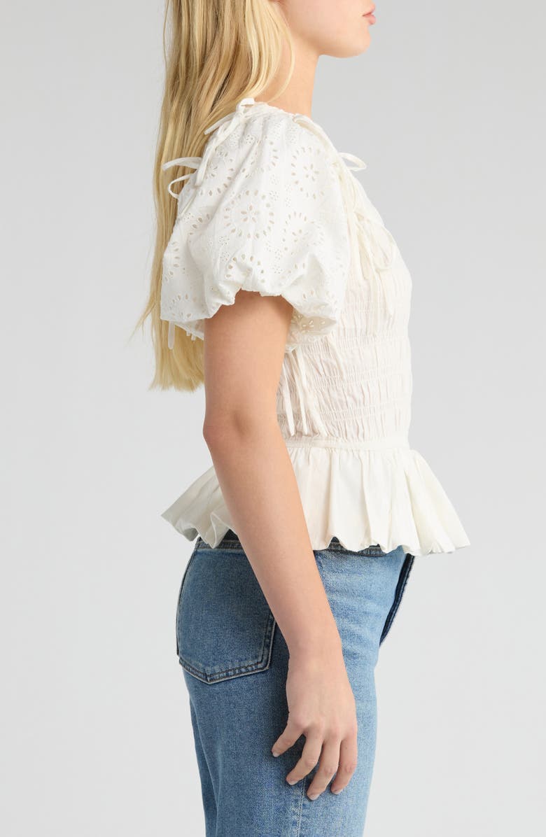 Damson Madder Lillian Puff Sleeve Smocked Organic Cotton Peplum Top, Alternate, color, White