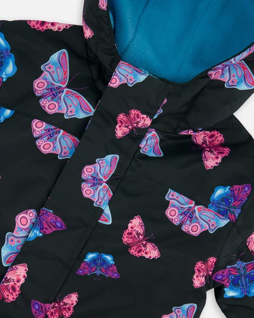 DEUX PAR DEUX DEUX PAR DEUX GIRL'S PRINTED MID-SEASON ONE-PIECE OUTERWEAR MULTICOLORED BUTTERFLIES ON BLACK BACKGR 