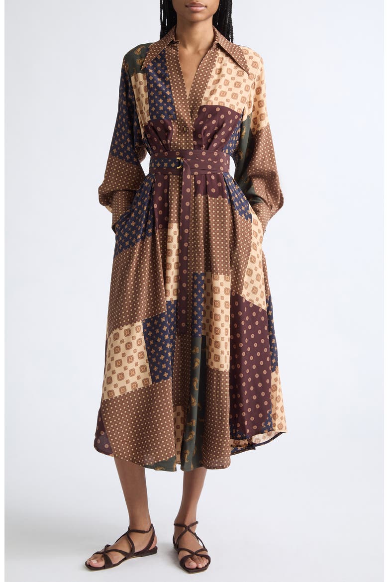 Patchwork Foulard Print Long Sleeve Midi Dress, Main, color, GEO PATCH PRINT
