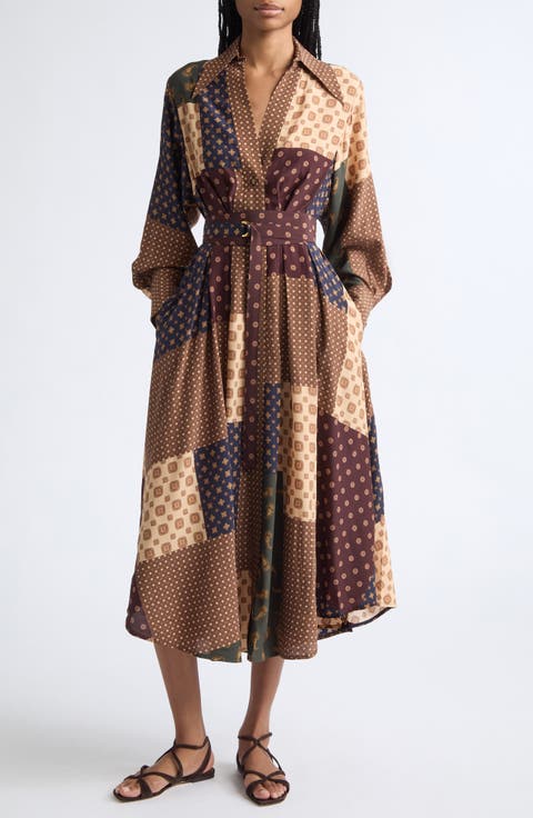 Patchwork Foulard Print Long Sleeve Midi Dress