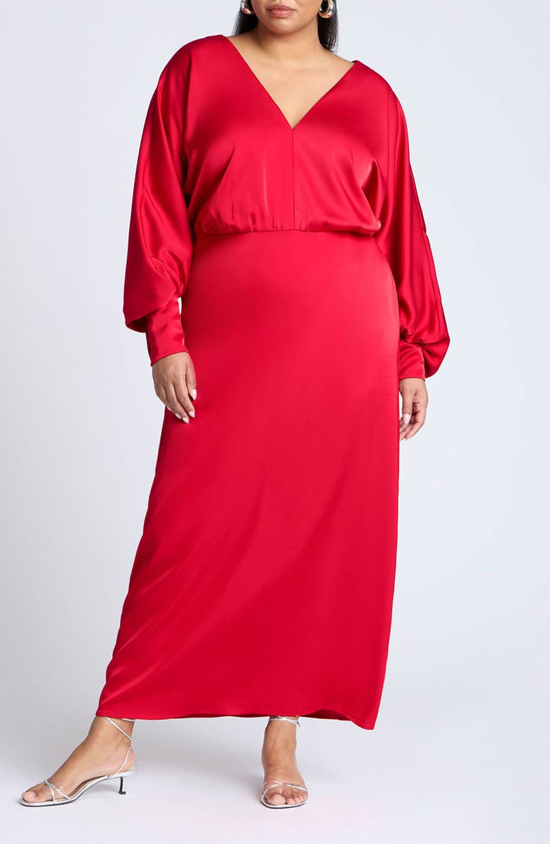 ELOQUII Long Sleeve Satin Maxi Dress, Main, color, 