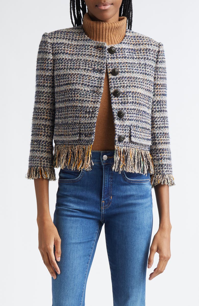 Veronica Beard Lyons Tweed Fringe Jacket, Main, color, Navy Multi