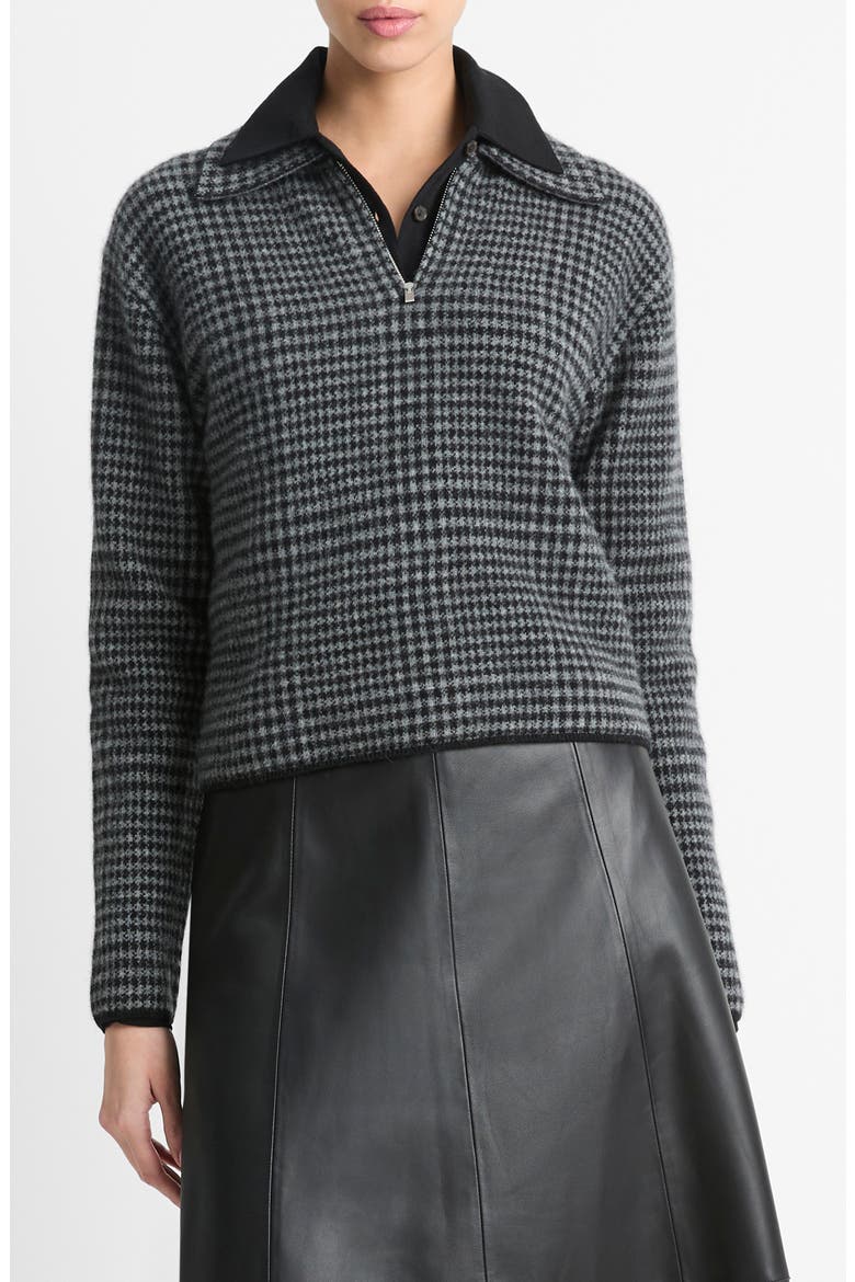 Houndstooth Wool & Cashmere Quarter Zip Sweater, Main, color, HEATHER SMOKE/ BLACK COMBO