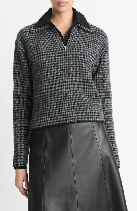 Houndstooth Wool & Cashmere Quarter Zip Sweater