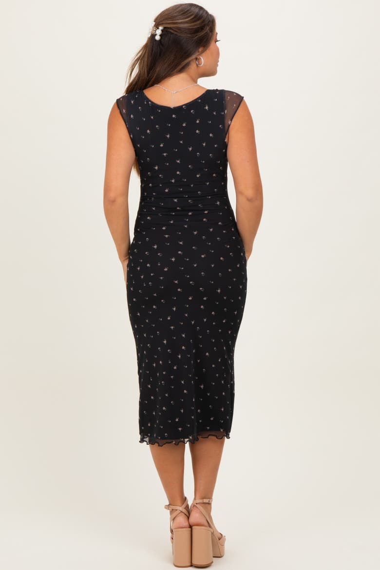 Floral Mesh Front Tie Cutout Midi Dress, Alternate, color, Black