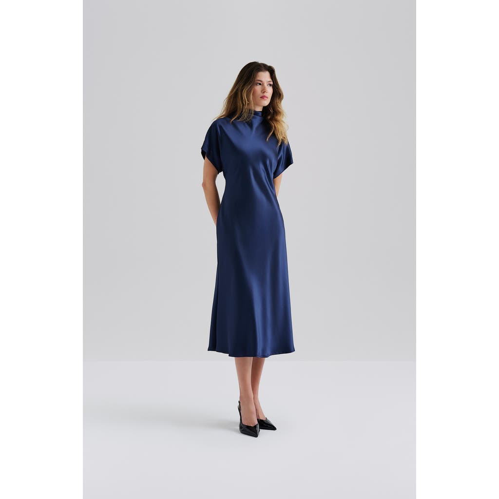 Malina Alivia Short Sleeve Satin Midi Dress In Blue