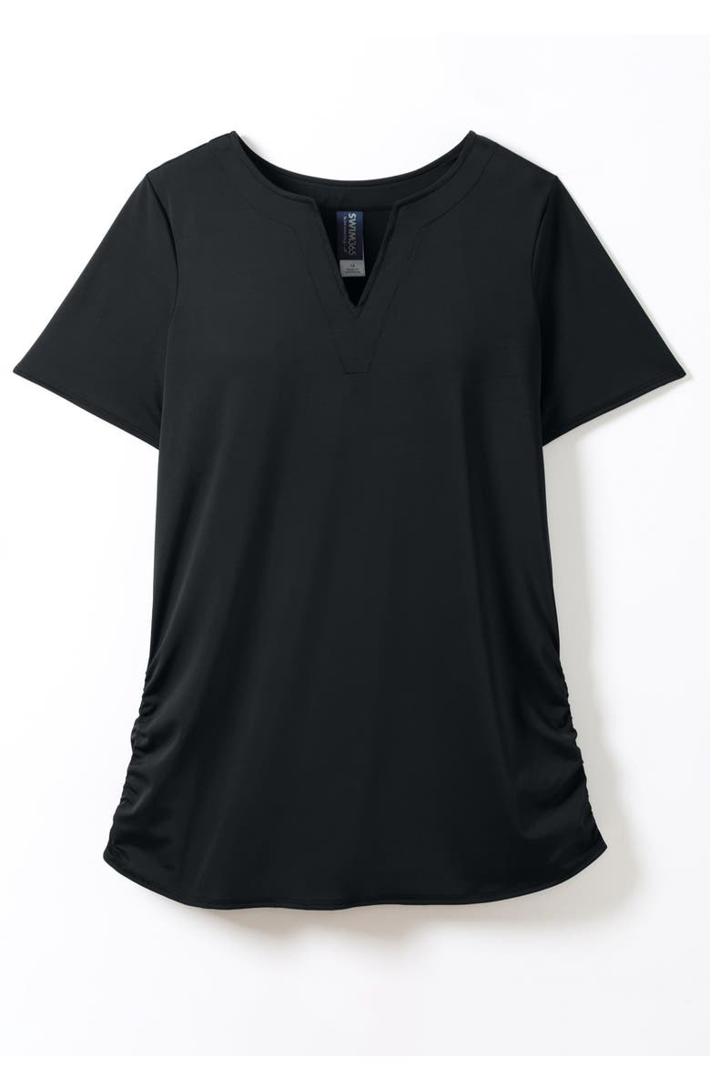 Swim 365 Split-Neck Short-Sleeve Swim Tee With Built-In Bra, Alternate, color, Black