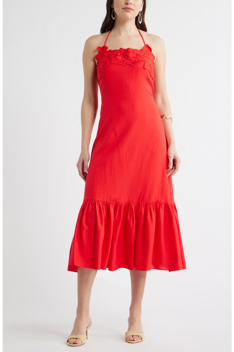 Appliqué Tiered Halter Midi Dress, Main, color, RED
