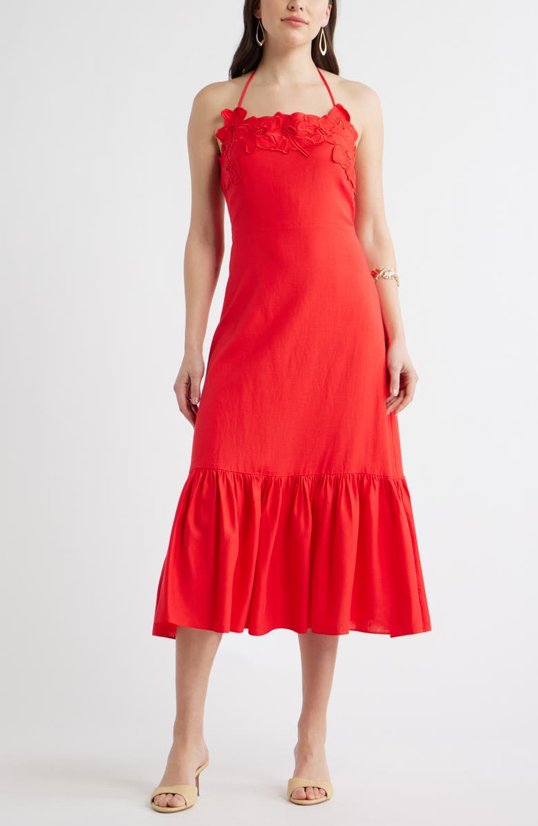 Chelsea28 Appliqué Tiered Halter Midi Dress, Main, color, Red