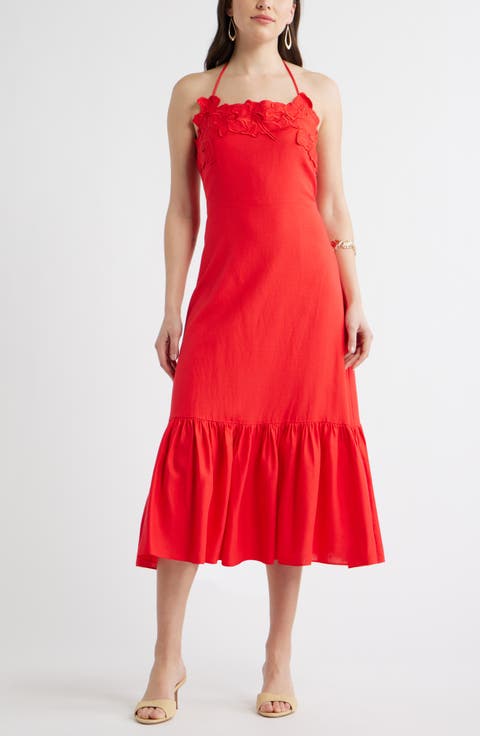 Appliqué Tiered Halter Midi Dress