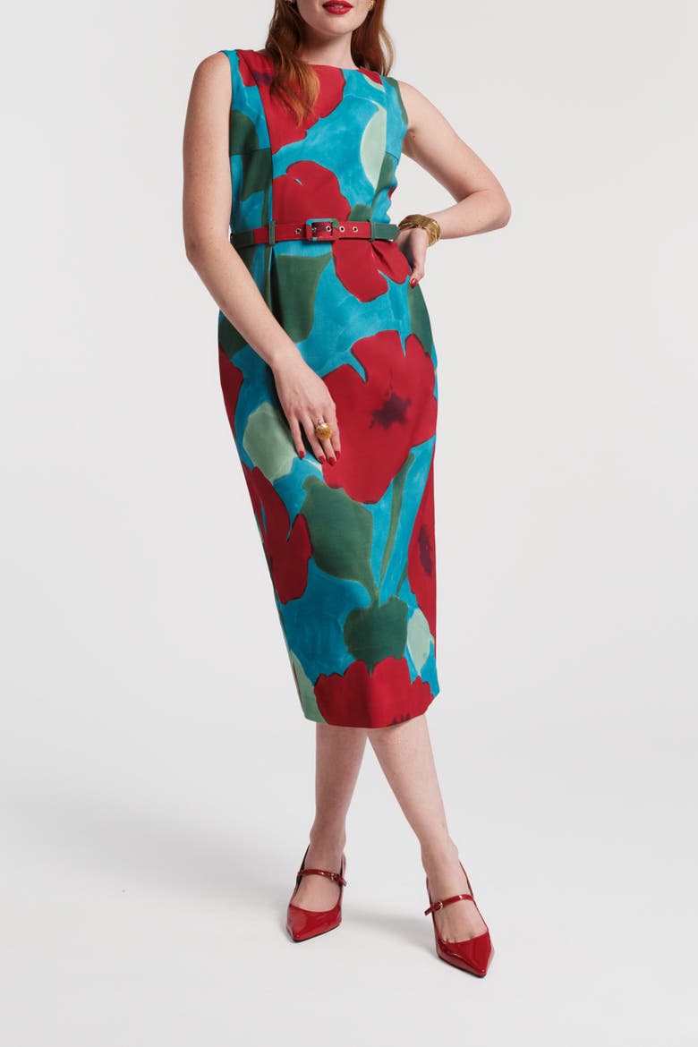 Audrey Belted Midi Dress, Main, color, Blue/Red/Multi