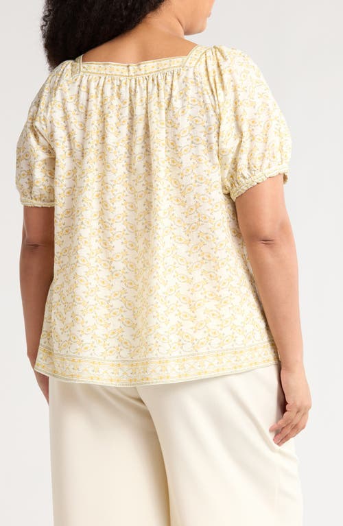 Max Studio Square Neck Puff Sleeve Cotton Blend Top In Cream/yellow Prty Ltl Wreath