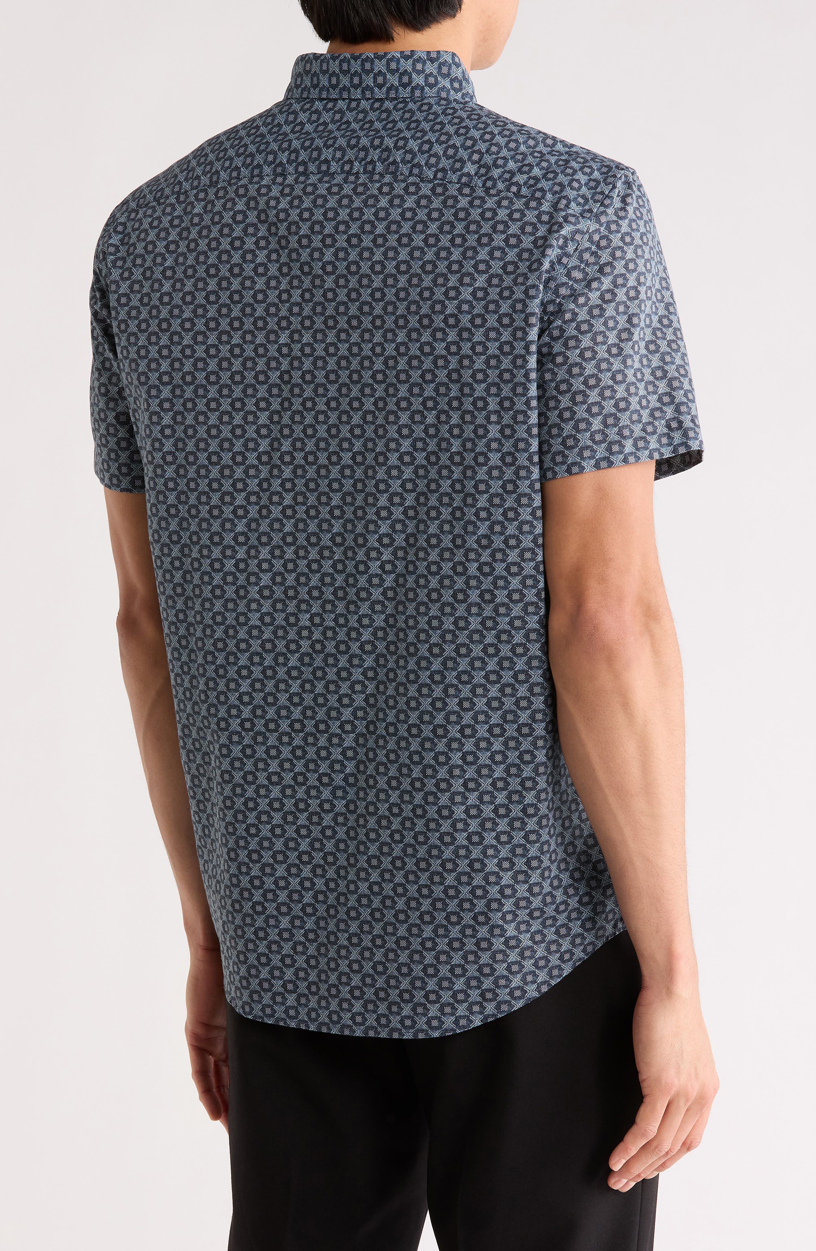 Geometric Print Short Sleeve Chambray Button-Up Shirt - image 2