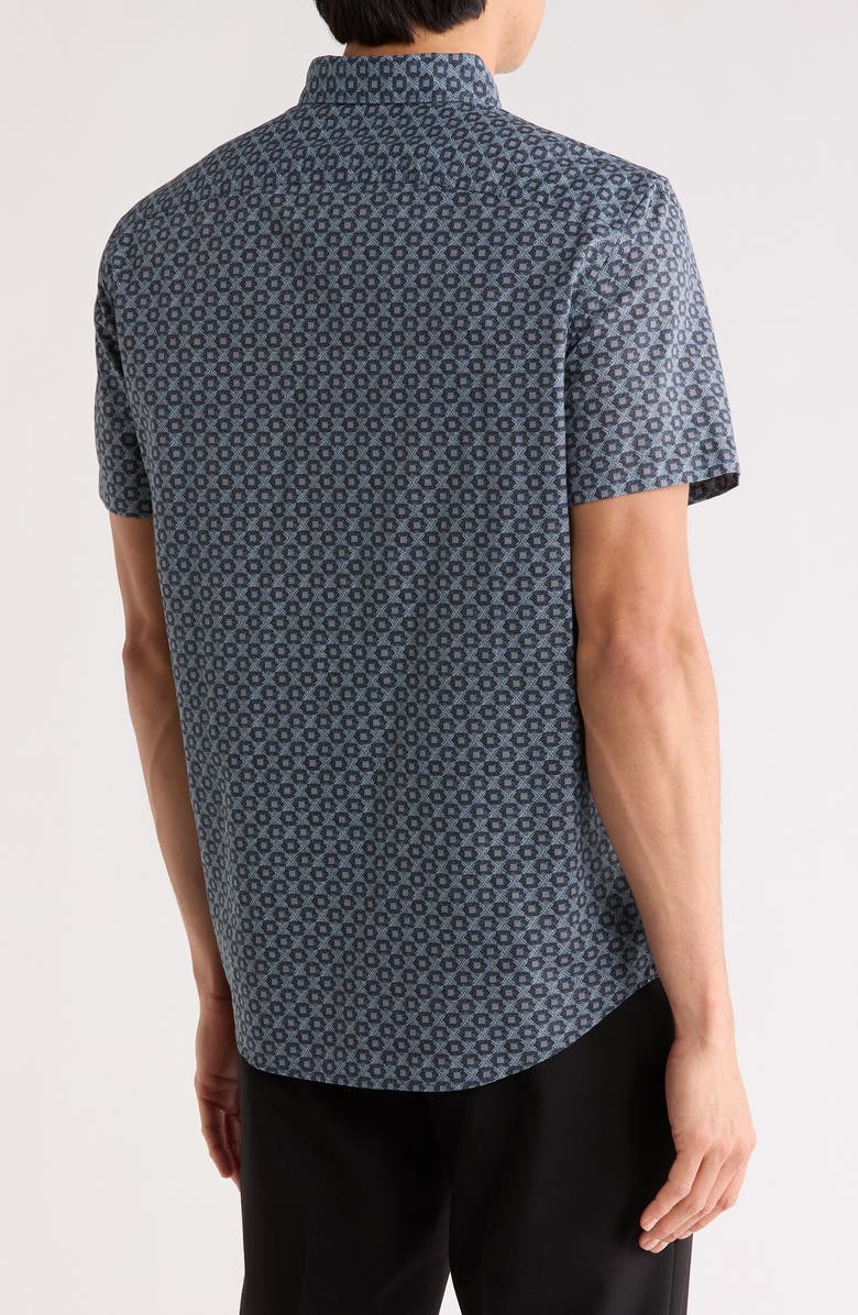 Original Penguin Geometric Print Short Sleeve Chambray Button-Up Shirt, Alternate, color, Dark Sapphire