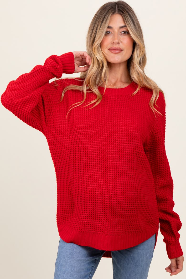 Waffle Knit Rounded Hem Sweater, Main, color, Red