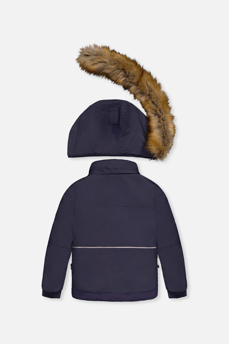 Play Faux Fur Hood Jacket & Pants Two Piece Snowsuit, Alternate, color, Navy Blue and Brown