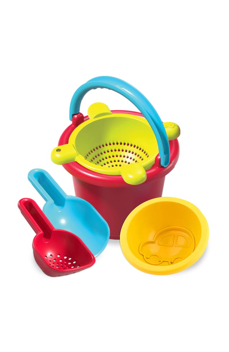HABA Sand Toys Basic Set - 5 Piece Bundle with Plastic Pail, Sieve, Mold, Scoop and Sifting Shovel Sized just for Toddlers Ages 18 Months +, Main, color, Multi