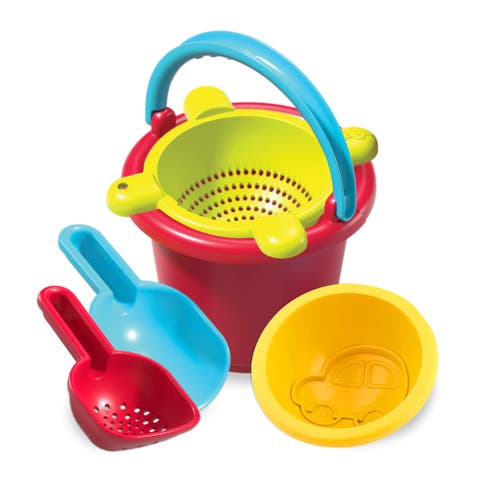 Sand Toys Basic Set - 5 Piece Bundle with Plastic Pail, Sieve, Mold, Scoop and Sifting Shovel Sized just for Toddlers Ages 18 Months +