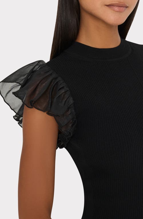 Milly Ribbed Chiffon Flutter-sleeve Top In Black