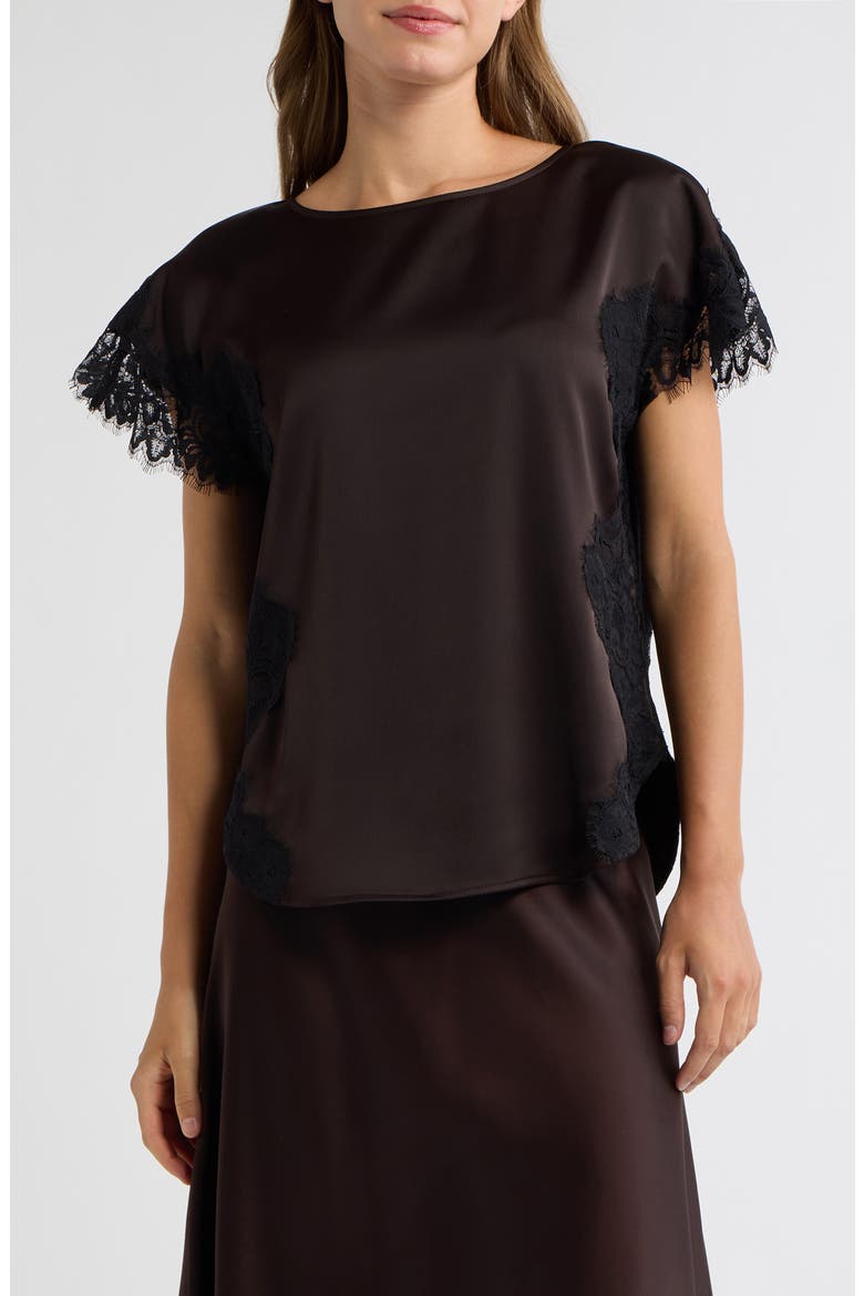Lace Trim Satin Top, Main, color, DEEP MAHOGANY / BLACK