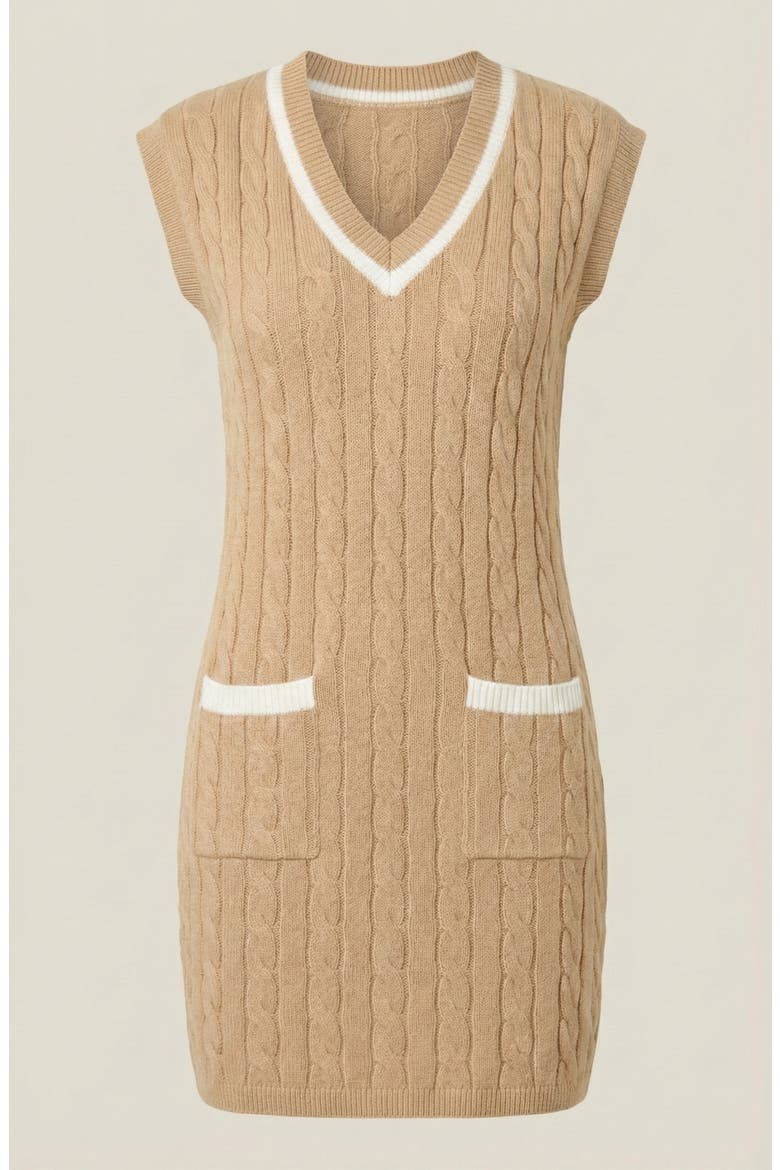 Cable-Knit Mini Sweater Dress with Pockets, Alternate, color, Beige
