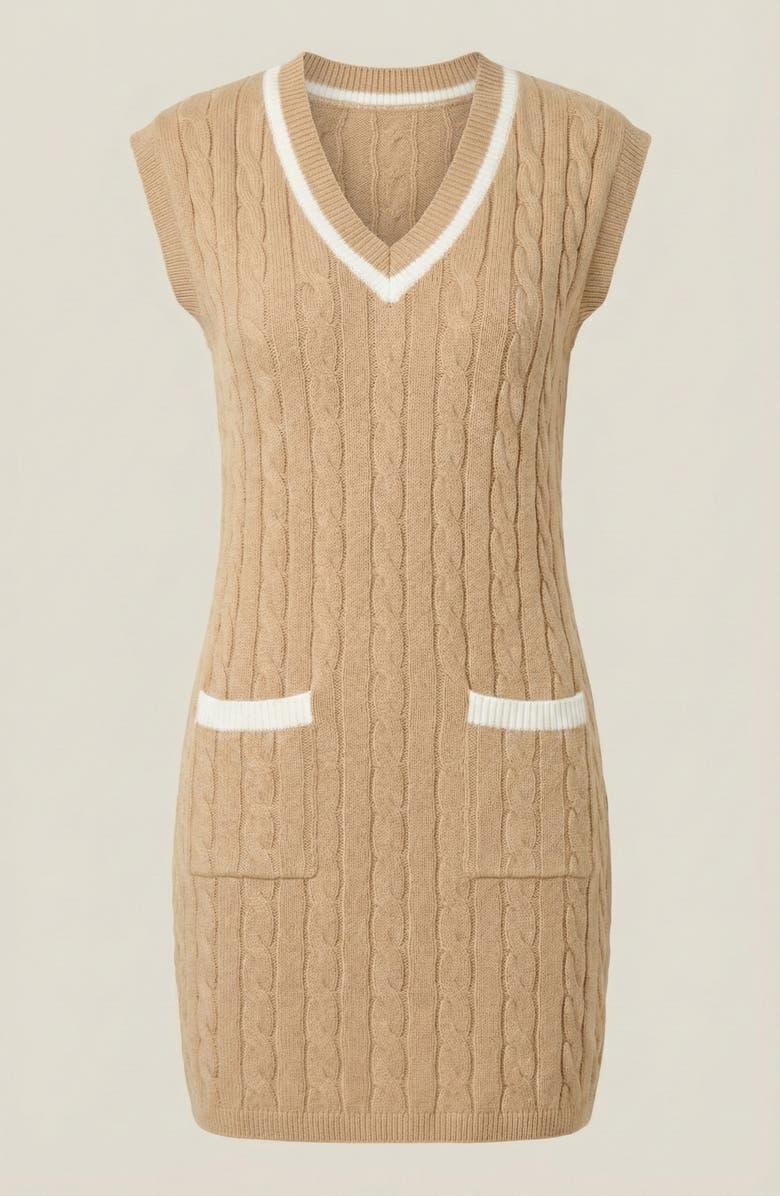 Modenaire Cable-Knit Mini Sweater Dress with Pockets, Alternate, color, Beige