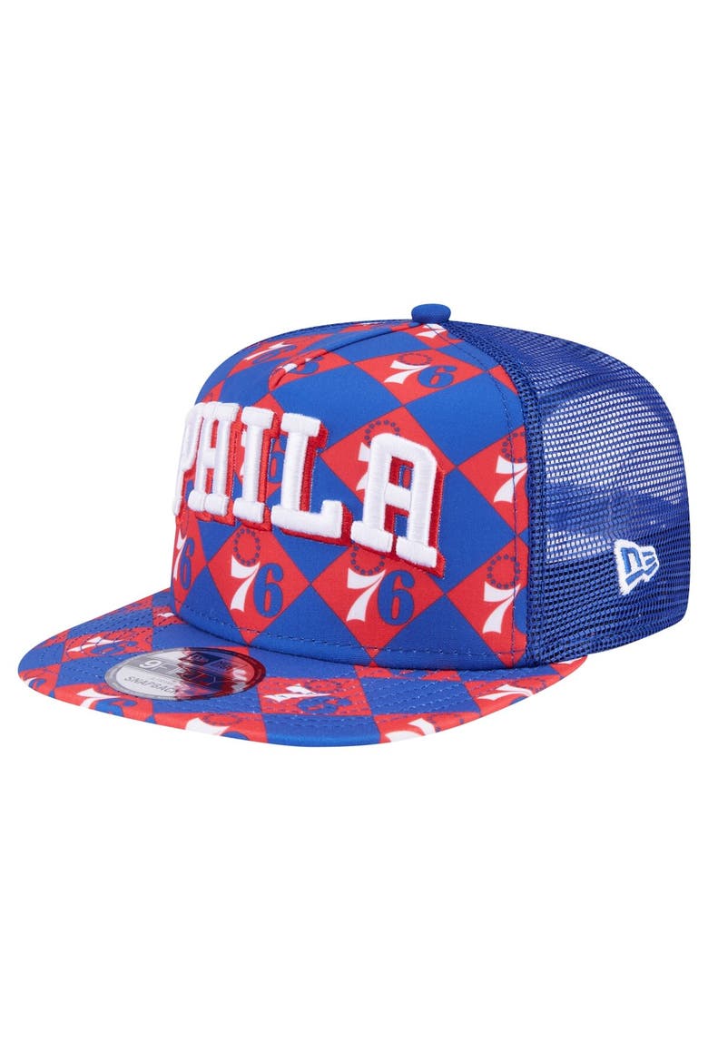 Men's New Era Royal Philadelphia 76ers Seeing Diamonds A-Frame Trucker 9FIFTY Snapback Hat, Main, color, Royal
