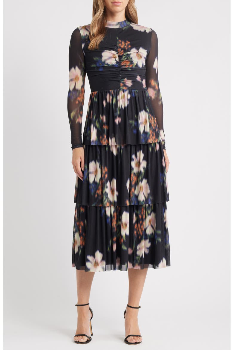 Tiered Ruffle Floral Print Long Sleeve Dress, Main, color, BLURRED FLOATING FLORA